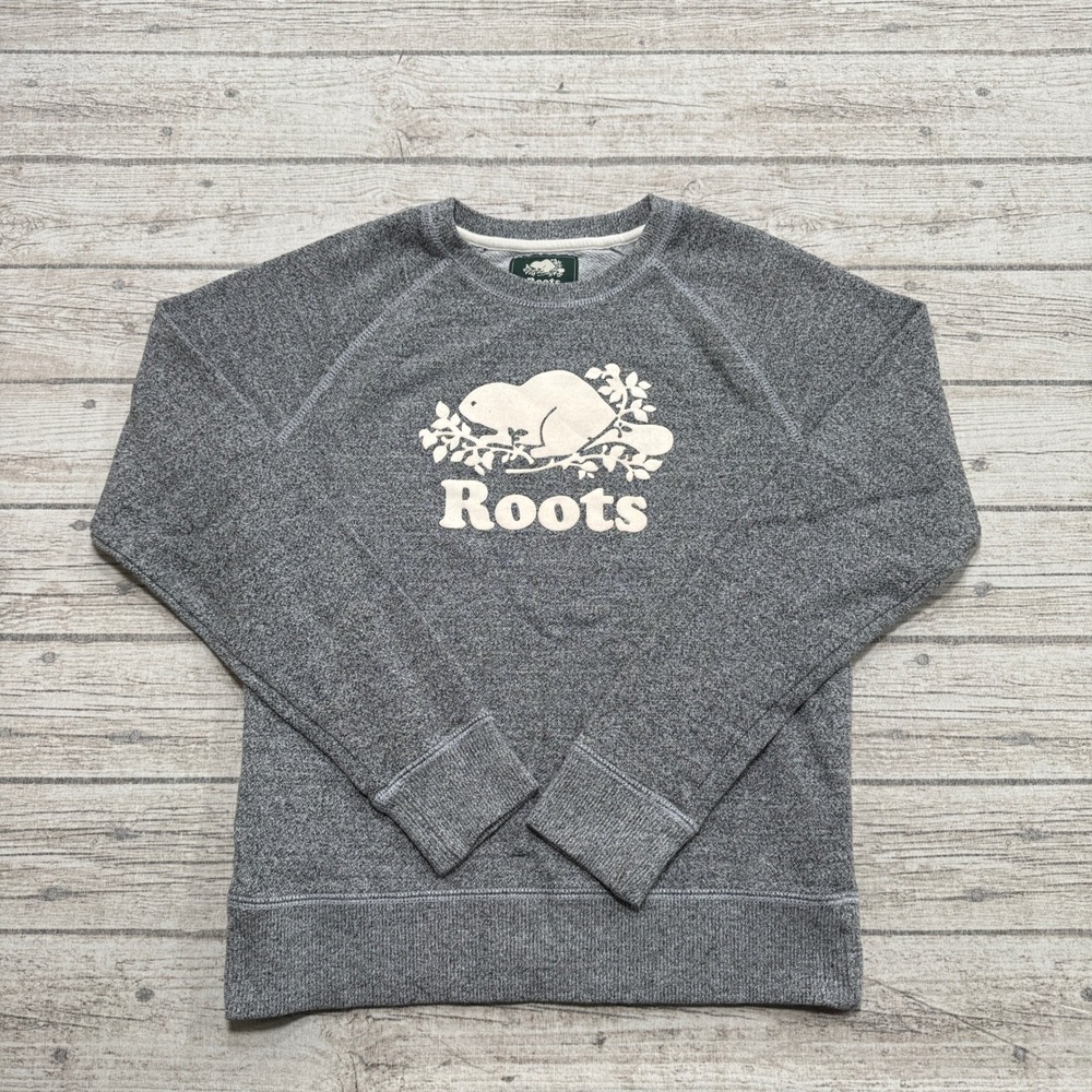 Roots Sweatshirt Womens Small Gray Salt and Pepper Raglan Sleeve Fleece Pullover